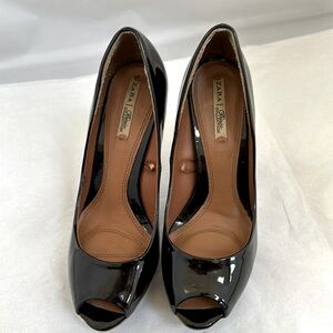 Zara basic collection black patent leather peep toe. Size 38 1.5” plat. & 5”heel